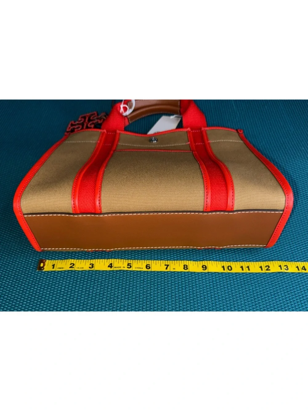 Tory Burch Brown Orange Tory Small Twill Canvas Tote Handbag